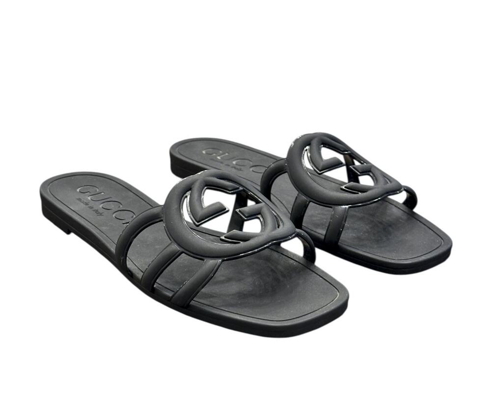 Gucci Palma Black Rubber Interlocking GG Logo Slide Sandals Flats Size 34
